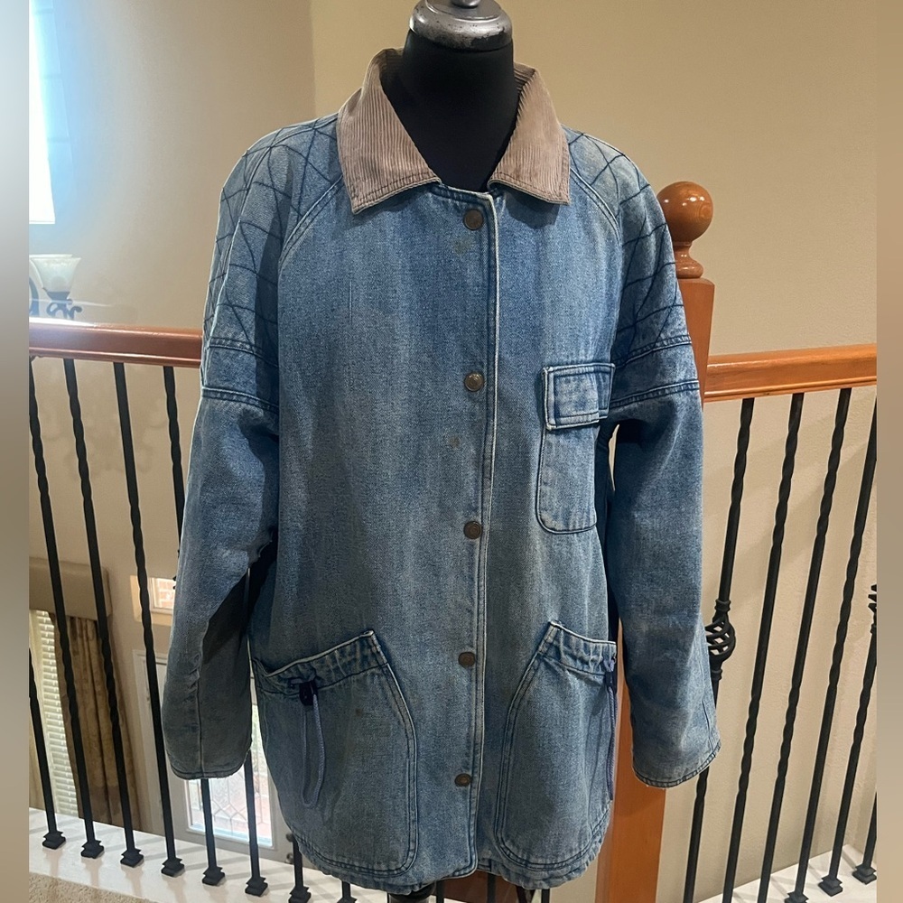 VINTAGE 80s & 90s INCROWD DENIM AND AZTEC THRASHED BARN JACKET, WOMEN SIZE L